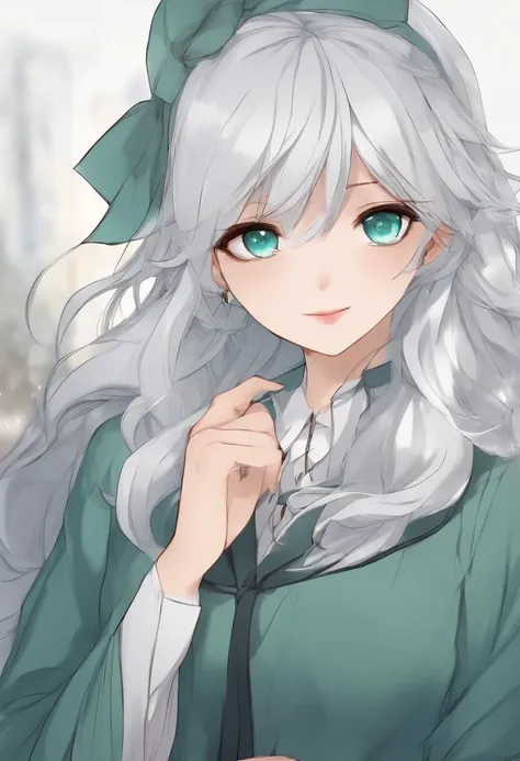 Draw a female protagonist with white hair and blue-green eyes, who has a manga ANIME style and is young.