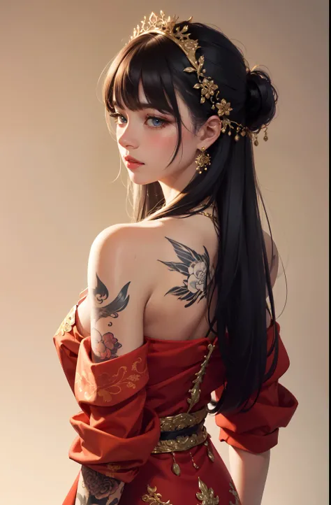 complex details beautiful and delicate eyes, PastelGothAI dress, PastelGothAI background, off-the-shoulder, tattoo, irezumi, Ultra-realistic 8K CG, masterpiece, ((ultra-detailed background, delicate pattern, intricate details)), best quality, intricate det...