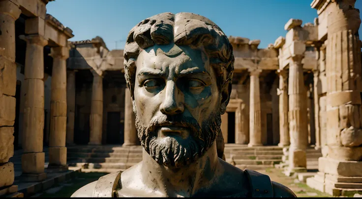 Ancient Stoic Statue With Very Angry Expression, tem barba, muitos detalhes em ambos os olhos, Outside, fundo atenas grego, open sky, com rosto extremamente detalhado full body view, Colors with low saturation with dark tone, Filmado em Sony A7S III com So...