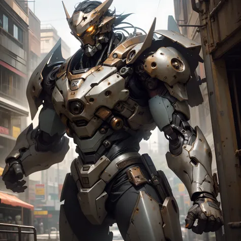 Portrait photo of an alpha male, perfect eyes, in a worn mecha suit, intricate, (steel metal [rust]), elegant, sharp focus, photo by greg rutkowski, soft lighting, vibrant colors, masterpiece, ((streets)), cowboy shot, dynamic pose,