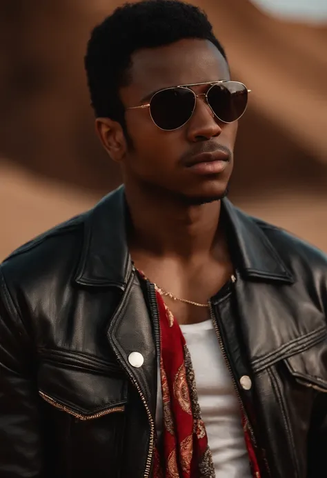 still cinematrografico de dia PLANO americano de un joven mestizo afro americano con gafas de sol redondas (lente rojos) Rojas wears a shirtless leather jacket where his abs are seen with a Fender Stratocaster Sunburst guitar in a desert walking with a red...