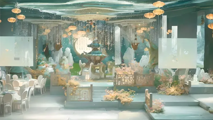 There are a lot of tables and chairs in this room，Ancient courtyard，Lanterns，themoon，Pavilion，Rockery，Lots of decorations, Beautiful rendering of the Tang Dynasty, lavishly decorated, rendering of beauty pageant, a crystalline room, intricate sparkling atm...