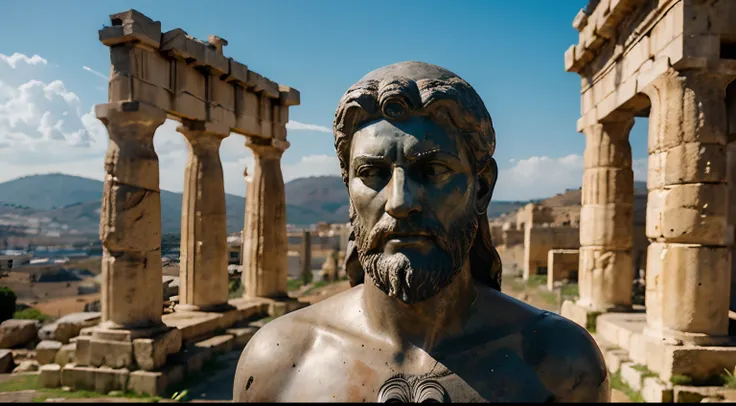 Ancient Stoic Statue With Very Angry Expression, tem barba, muitos detalhes em ambos os olhos, Outside, fundo atenas grego, open sky, com rosto extremamente detalhado full body view, Colors with low saturation with dark tone, Filmado em Sony A7S III com So...