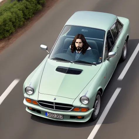 Jesus segurando um volante de carro