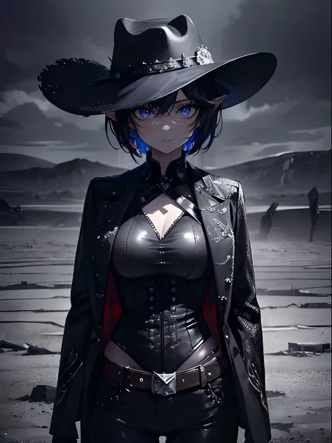 (masterpiece,best quality,ultra-detailed),1girl,short hair, cowboy hat, pointy ears,black cowboy suit, beautiful and detailed face, detailed eyes,in a desolate desert, cloudy, night, shadow, darkness(grey theme)