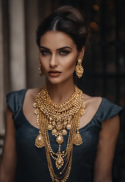 A woman in a gray dress and a gold necklace stands in the city, wearing gold jewellery, wearing elegant jewellery, Gold jewelry, wearing gold detailed choker, gold jewerly, wearing a gold chain, Gold necklace, gold jewels, high quality portrait, Wearing je...