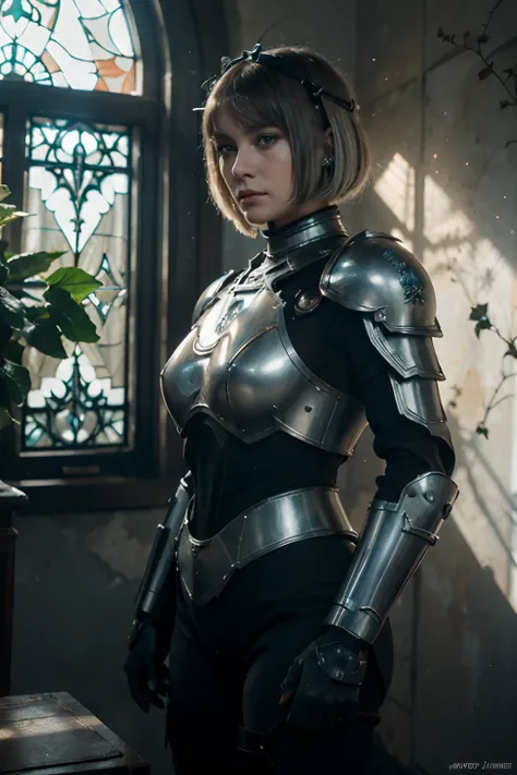 extremely detailed CG unity 8k wallpaper) full shot body photo of a devout sister of battle, portrait, action scene, ((extreme close up:1. 4)), beautiful sister of battle woman holding a standing in front of a stained glass window, (blush), ((air tank on b...