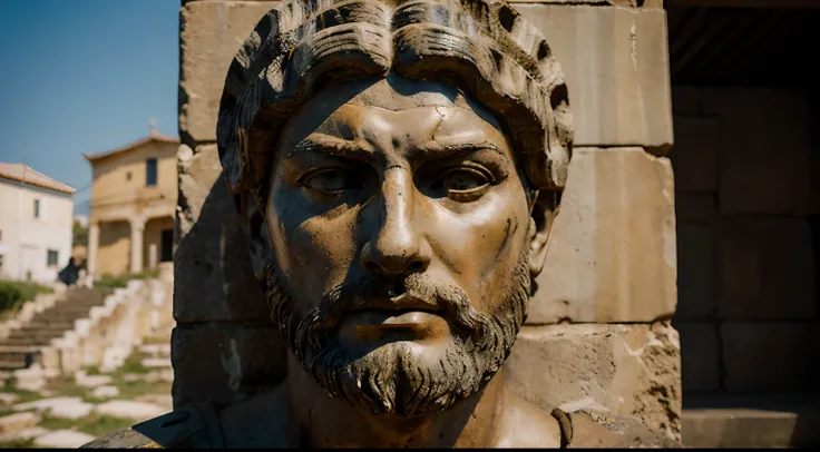 Ancient Stoic Statue With Very Angry Expression, tem barba, muitos detalhes em ambos os olhos, Outside, fundo atenas grego, open sky, com rosto extremamente detalhado full body view, Colors with low saturation with dark tone, Filmado em Sony A7S III com So...