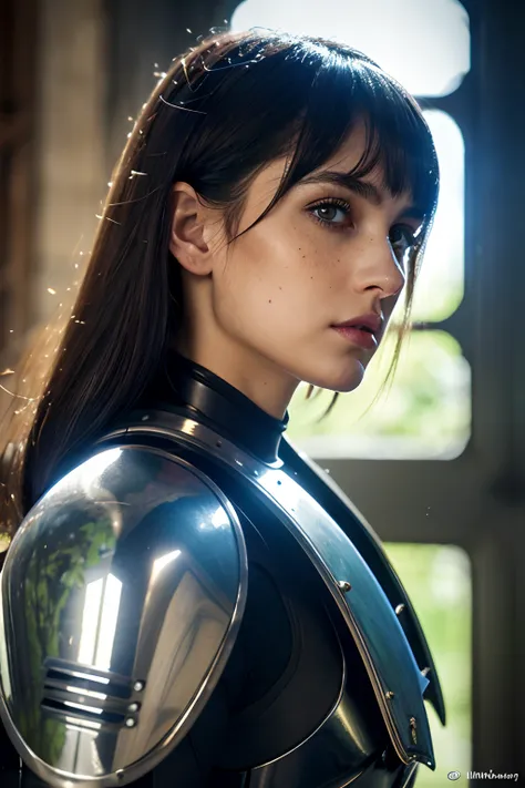 extremely detailed CG unity 8k wallpaper) full shot body photo of a devout sister of battle, portrait, action scene, ((extreme close up:1. 4)), beautiful sister of battle woman holding a standing in front of a stained glass window, (blush), ((air tank on b...