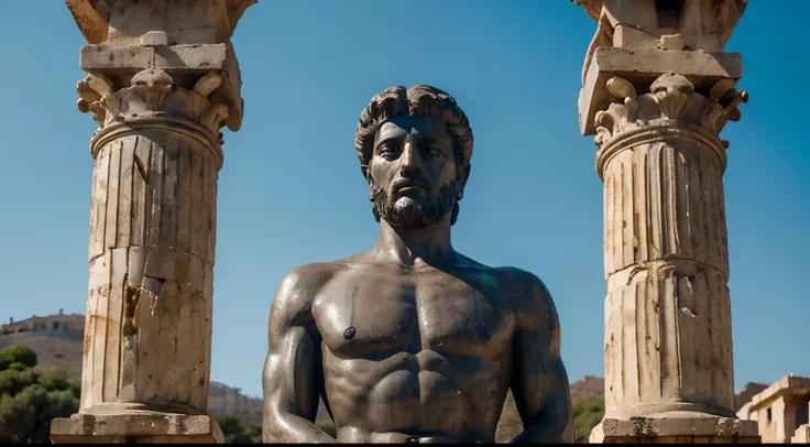 Ancient Stoic Statue With Very Angry Expression, tem barba, muitos detalhes em ambos os olhos, Outside, fundo atenas grego, open sky, com rosto extremamente detalhado full body view, Colors with low saturation with dark tone, Filmado em Sony A7S III com So...