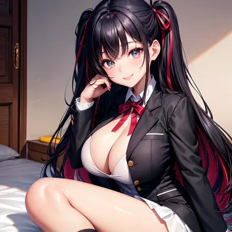 a beauty girl，girl with，a smile，Cute blazer in black uniform，Ribbon on uniform、top-quality，​masterpiece，huge tit，超A high resolution，Multicolored hair，Excellent style，Perfect facial features，a beauty girl，modeled，girl，Long，​masterpiece，a bed，Loose Socks，