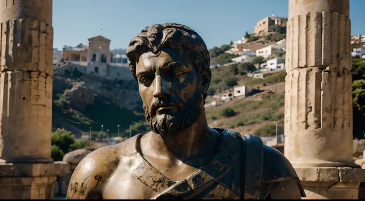 Ancient Stoic Statue With Very Angry Expression, tem barba, muitos detalhes em ambos os olhos, Outside, fundo atenas grego, open sky, com rosto extremamente detalhado full body view, Colors with low saturation with dark tone, Filmado em Sony A7S III com So...