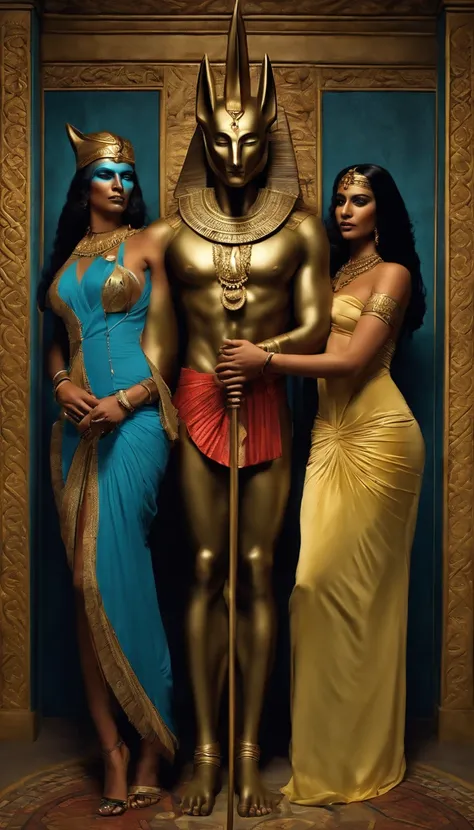 Anubis (cuerpo de hombre y cabeza de chacal) With two women sex in a room, hiperrealista