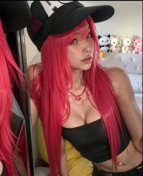 there is a woman with red hair wearing a black hat, red wig, long bubblegum hair, long pink hair, with long red hair, pink straight hair, anime girl in real life, with pink hair, huge pink hair, long flowing pink hair, red long hair, anime vibes, black top...