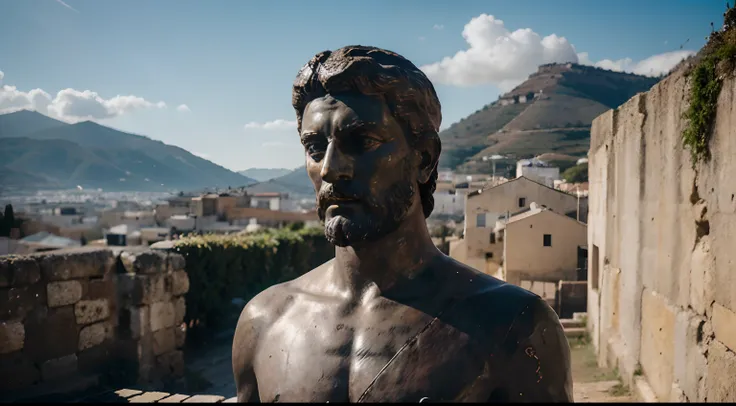 Ancient Stoic Statue With Very Angry Expression, tem barba, muitos detalhes em ambos os olhos, Outside, fundo atenas grego, open sky, com rosto extremamente detalhado full body view, Colors with low saturation with dark tone, Filmado em Sony A7S III com So...