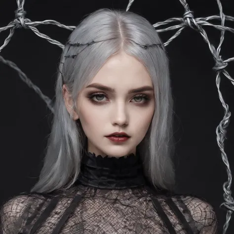 Girl with gothic net symbolic clothes, 。.com (Barbed wire of the body) brunette color hair，Gray hair ends