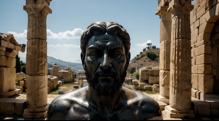 Ancient Stoic Statue With Very Angry Expression, tem barba, muitos detalhes em ambos os olhos, Outside, fundo atenas grego, open sky, com rosto extremamente detalhado full body view, Colors with low saturation with dark tone, Filmado em Sony A7S III com So...