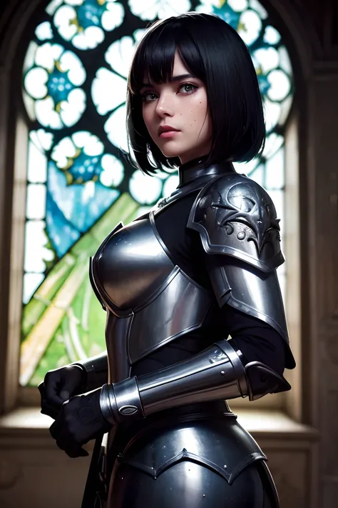 extremely detailed CG unity 8k wallpaper) full shot body photo of a devout sister of battle, portrait, action scene, ((extreme close up:1. 4)), beautiful sister of battle woman holding a standing in front of a stained glass window, (blush), ((air tank on b...