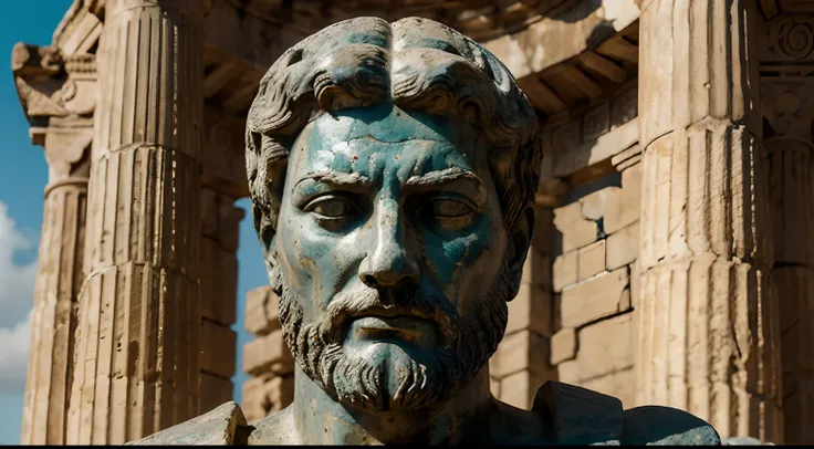 Ancient Stoic Statue With Very Angry Expression, tem barba, muitos detalhes em ambos os olhos, Outside, fundo atenas grego, open sky, com rosto extremamente detalhado full body view, Colors with low saturation with dark tone, Filmado em Sony A7S III com So...