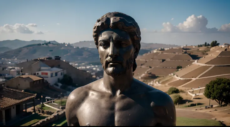 Ancient Stoic Statue With Very Angry Expression, tem barba, muitos detalhes em ambos os olhos, Outside, fundo atenas grego, open sky, com rosto extremamente detalhado full body view, Colors with low saturation with dark tone, Filmado em Sony A7S III com So...