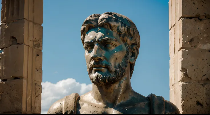 Ancient Stoic Statue With Very Angry Expression, tem barba, muitos detalhes em ambos os olhos, Outside, fundo atenas grego, open sky, com rosto extremamente detalhado full body view, Colors with low saturation with dark tone, Filmado em Sony A7S III com So...