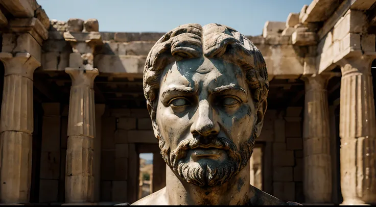 Ancient Stoic Statue With Very Angry Expression, tem barba, muitos detalhes em ambos os olhos, Outside, fundo atenas grego, open sky, com rosto extremamente detalhado full body view, Colors with low saturation with dark tone, Filmado em Sony A7S III com So...