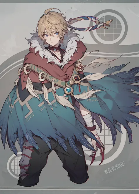 anime character, anime tribal boy with short blond hair, discord pfp, anime character, detailed anime character art, key anime art, clothes themed on a peacock mage, anime character art, anime character, great character design, pixiv, (+ tribal), normal ha...