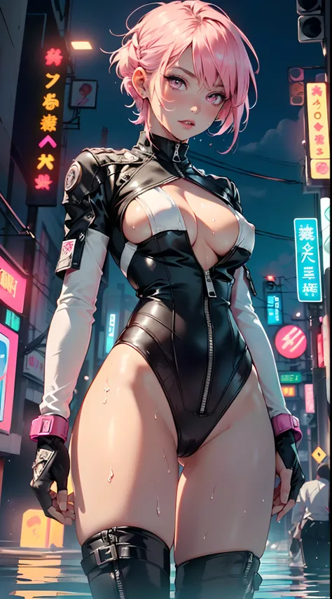 girl spacepunk,(((1girl))),((beautiful girl with cute pink hair)),

(large breasts:1.4),saggy breasts,((pink hair,pink messy hair,colored inner hair,short hair:1.5,absurdly short unkempt hair:1.35,short pink hair,ear breathing,intricate cut hair,((short ha...