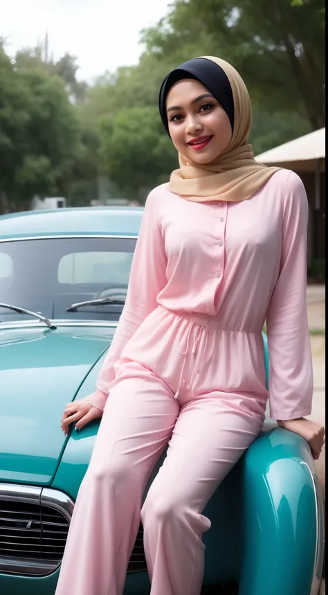 Malay girl in hijab wear pastel color jumpsuit, seat infront of vintage car, old car, front view, detail skin, detail skin texture, mole below eyes, small breast, big hip, big waist, big thigh, slim abs, beautiful body, evening, laughing, happy, bright lig...