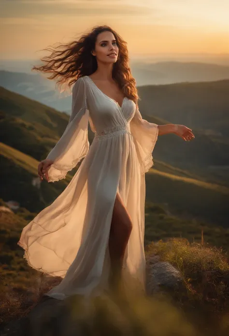 Beautiful girl, corpo inteiro, corpo atraente, corpo magro bonito, rosto bonito atraente, peito grande, cute flowing dress, olhos realistas, Doe eyes, Standing on top of the mountain, arms outstretched, tiro de corpo inteiro, Ultra HD |, HDR, dramatic ligh...