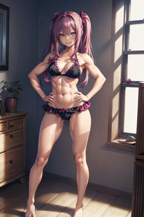 (((medium breasts))), beautiful and cute lady, wearing only a black mini bikini, ((long, long shiny magenta hair)), pigtails, smiling, in the bedroom,, (small waist), 8k, (((Ichika Amasawa))), red ribbons in his hair, yellow eyes, good anatomy, perfect han...