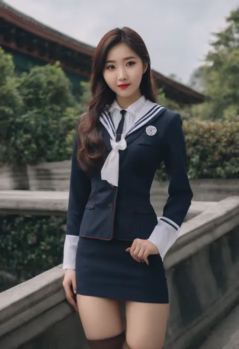 Asian girl wearing schoolgirl uniform with hourglass shape, big breasts, and big ass with big thighs.