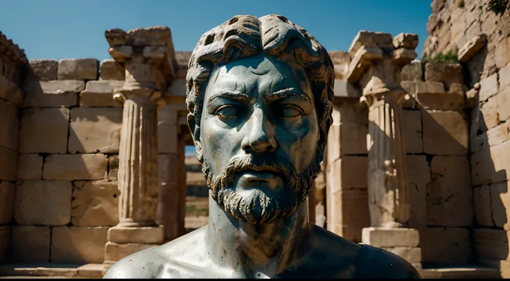 Ancient Stoic Statue With Very Angry Expression, tem barba, muitos detalhes em ambos os olhos, Outside, fundo atenas grego, open sky, com rosto extremamente detalhado full body view, Colors with low saturation with dark tone, Filmado em Sony A7S III com So...