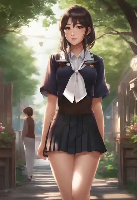 Anime asian girl wearing schoolgirl uniform with hourglass shape, big breasts, and big ass with big thighs.