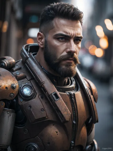 close up Portrait photo of muscular bearded guy in a worn mech suit, ((light bokeh)), intricate, (steel metal [rust]), elegant, sharp focus, photo by greg rutkowski, soft lighting, vibrant colors, masterpiece, ((streets)), detailed face