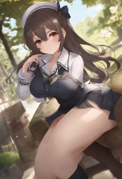 Anime girl wearing schoolgirl uniform with hourglass shape, big breasts, and big ass with big thighs.