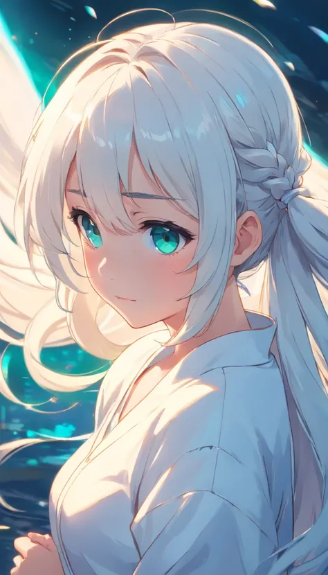 young girl, teal eyes, white clothes, long white hair with pigtails, big chest, brave, shy.