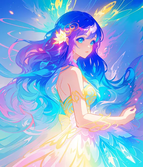 beautiful anime girl in colorful multi-layered ballgown, vibrant pastel colors, (colorful), magical lights, sparkling liquid light, colorful wavy hair, inspired by Glen Keane, inspired by Lois van Baarle, disney art style, by Lois van Baarle, glowing aura ...