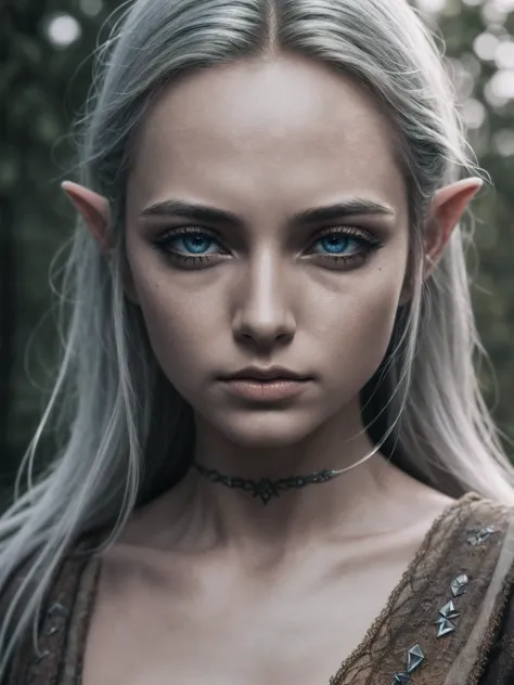 (detailed face, detailed eyes, clear skin, clear eyes), lotr, fantasy, elf, female, silver hair, looking at viewer, portrait, photography, detailed skin, realistic, photo-realistic, 8k, highly detailed, full length frame, High detail RAW color art, piercin...