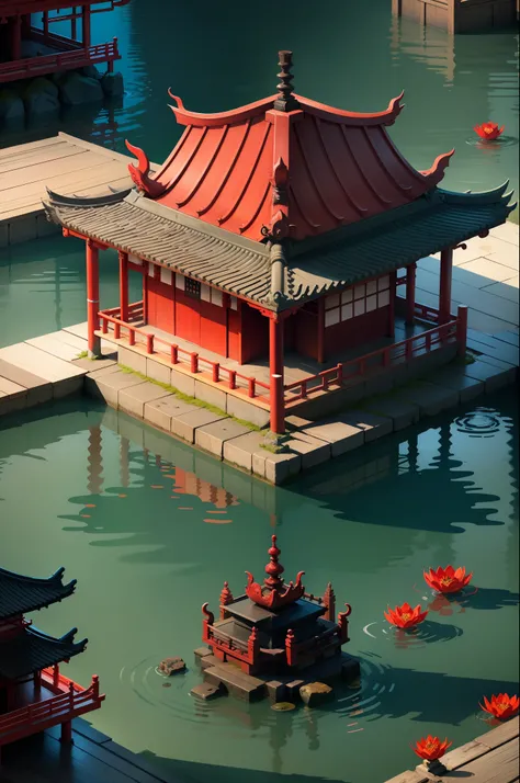 Submerged Japanese temple with red flower of hell