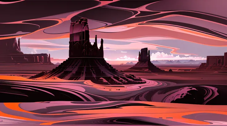 monument valley,Sunset,rock formations,Mesa Bhikkhu,Towering cliffs,​​clouds,A desert,Endless open space,Pink lines，In a monochrome artwork style that resonates with ominousness,Felicia Simin,Digital Art Technology Light black and magenta,Rolling wave blac...