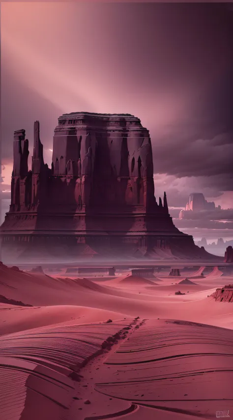 monument valley,The rays of the setting sun cut through the clouds,rock formations,Mesa Bhikkhu,Towering cliffs,Ethereal atmosphere,A desert,Endless open space,Pink lines，In a monochrome artwork style that resonates with ominousness,Felicia Simin,Digital A...