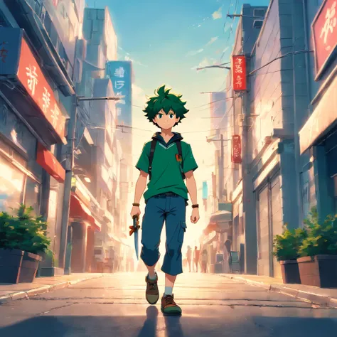 Combine Deku and Tanjiro into one powerful character walking around looking at a small, muscular camera with swords at his waist