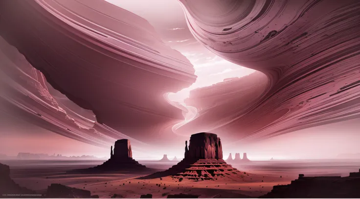 monument valley,The rays of the setting sun cut through the clouds,rock formations,Mesa Bhikkhu,Towering cliffs,Ethereal atmosphere,A desert,Endless open space,Pink lines，(In a monochrome artwork style that resonates with ominousness),Felicia Simin,Digital...