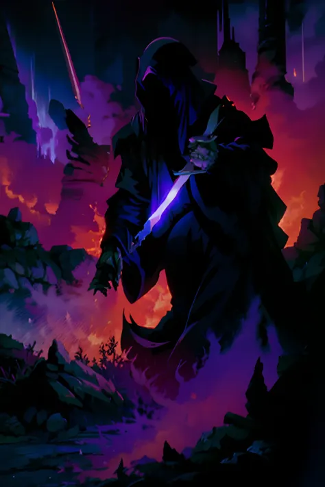 nazgul,4k absurdres, masterpiece, 90s anime style, sword, vintage glitch vhs, cloaked figure, whirlwind of purple fire and smoke...