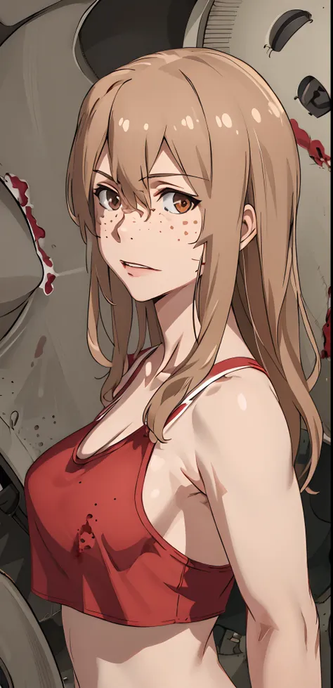 (masterpiece), best quality, highres, aoki1, brown eyes, freckles, cropped tank 8, thong, upper body, ((blood on face, sadistic girl)).