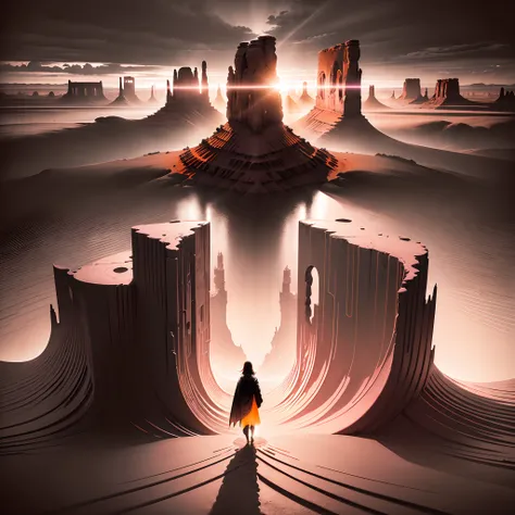 (monument valley),((The rays of the setting sun cut through the clouds)),rock formations,Mesa Bhikkhu,Towering cliffs,A desert,Endless open space,((Pink lines)),((In a monochrome artwork style that resonates with ominousness)),Felicia Simin,(digital art te...