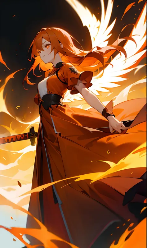 Medium-breasted girl with long dark orange hair wearing a dark orange dress made of fire with phoenix wings on her back while holding a red magic sword and her orange eyes