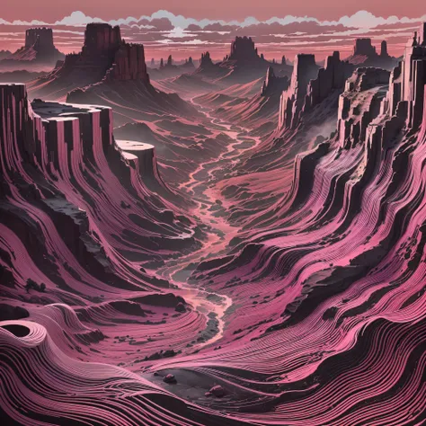 Paper carving：(monument valley),((The rays of the setting sun cut through the clouds)),rock formations,Mesa Bhikkhu,Towering cliffs,A desert,Endless open space,((Pink lines)),((In a monochrome artwork style that resonates with ominousness)),Felicia Simin,(...