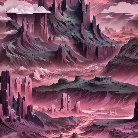 Paper carving：(monument valley),((The rays of the setting sun cut through the clouds)),rock formations,Mesa Bhikkhu,Towering cliffs,A desert,Endless open space,((Pink lines)),((In a monochrome artwork style that resonates with ominousness)),Felicia Simin,(...